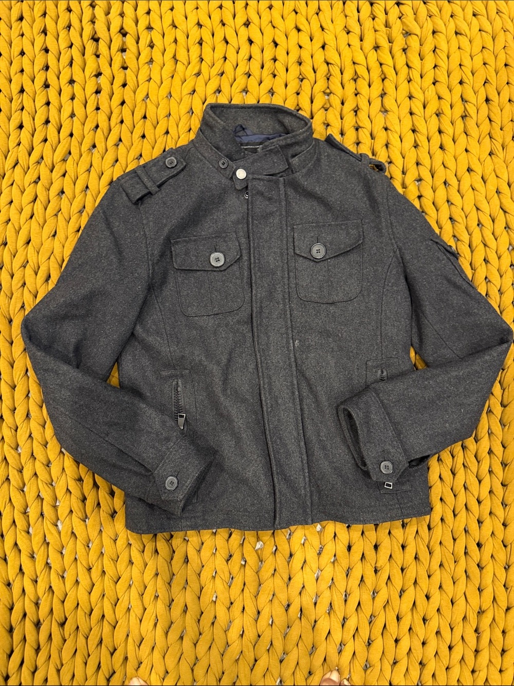 Men's Charcoal Gray Wool Blend Military-Style Jacket